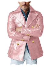 Load image into Gallery viewer, Men's Crocodile Embossed Leather Peacoat Double Breasted Gold Button Jacket Luxury Casual Overcoat
