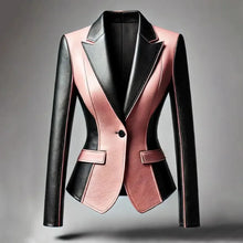 Load image into Gallery viewer, Women&#39;s Faux Leather Blazer Colorbloack Notched Lapel Single-Button Long Sleeve PU Jacket Elegant Office Lady Outerwear Tops
