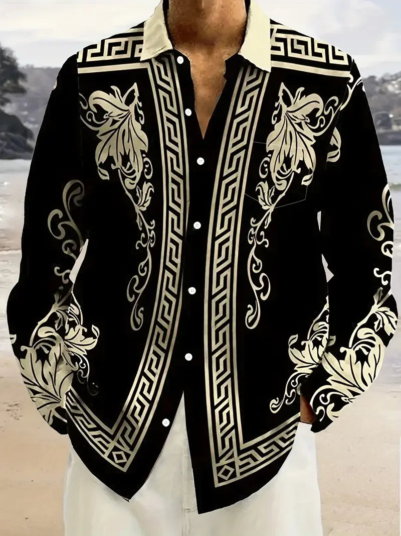 Men's retro long sleeved shirt, luxurious gold Baroque chain pattern