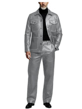 Load image into Gallery viewer, Men's 2 Piece PU Leather Suit Set Multi Pocket Shirt Collar Trucker Jacket Straight Leg Pants
