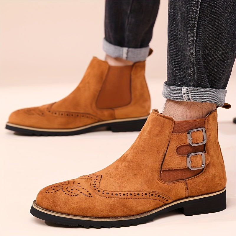 Men's High-Top Chelsea Boots with Brogue Detailing - Fashionable & Business-Oriented, Solid Color Elastic Band Slip-On Shoes with Double Buckle, Round Toe PU-Lined Fabric Upper with Rubber Sole.