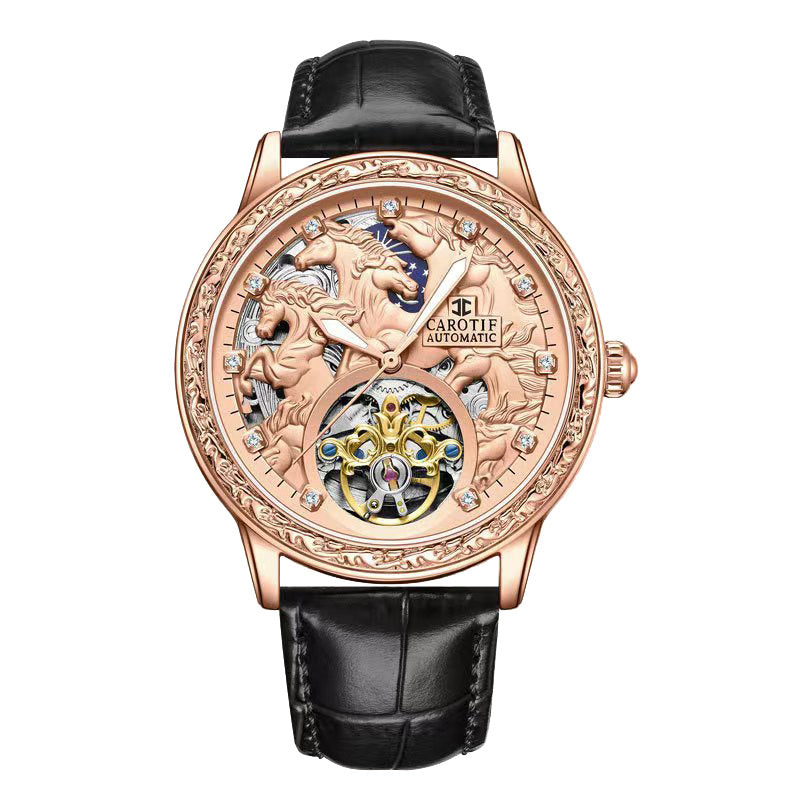 Men's  Mechanical Watch with Glowing Dial & Rose Golden/Black Faux Leather Strap - Automatic Winding, Engraved Bezel, Luminous Hands, Vintage Luxury Watch for Men, Durable & Precise Timepiece, Ideal Gift