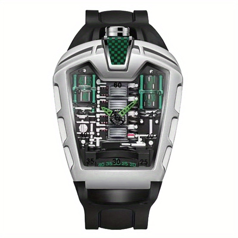 Men's Black Green Tape Sports Style Trendy Engine Racing Wine Barrel Quartz Watch, Mechanical Watches for Men High Quality, Fashion Watches for Men, Sports Watch, Men's Fashion Accessory, Sporty Design, Modern Watch, Durable
