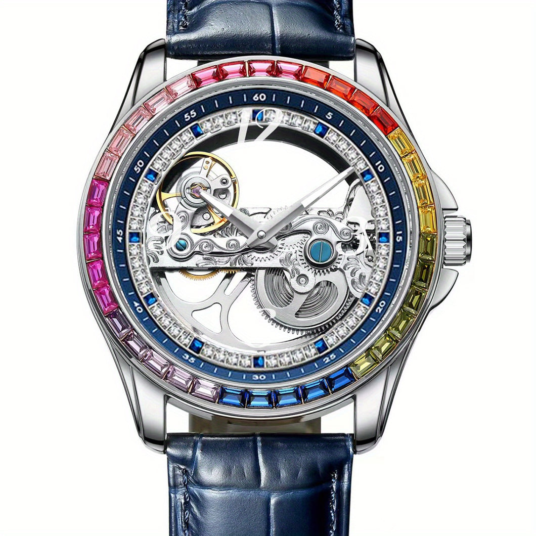 Men's Hollow Fashion Colorful Rhinestone Studded Round Waterproof Mechanical Watch