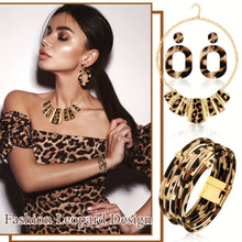 Load image into Gallery viewer, Boho Leopard Print Jewelry Set for Women - 4pcs Set with Bib Chain Necklace, Earrings, and Multi-Layer PU Leather Wrap Bracelet - Plastic Fashion Accessories
