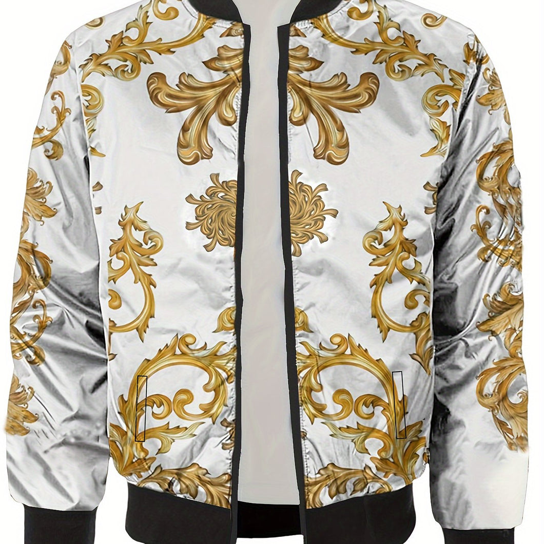 Men's White Floral Print Jacket - Casual Polyester Long Sleeve Baseball Collar Zip-Up Outerwear