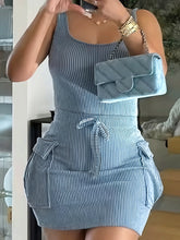 Load image into Gallery viewer, Women&#39;s Sexy Ribbed Knit Sleeveless Dress with Multi-Pockets and Tie Waist
