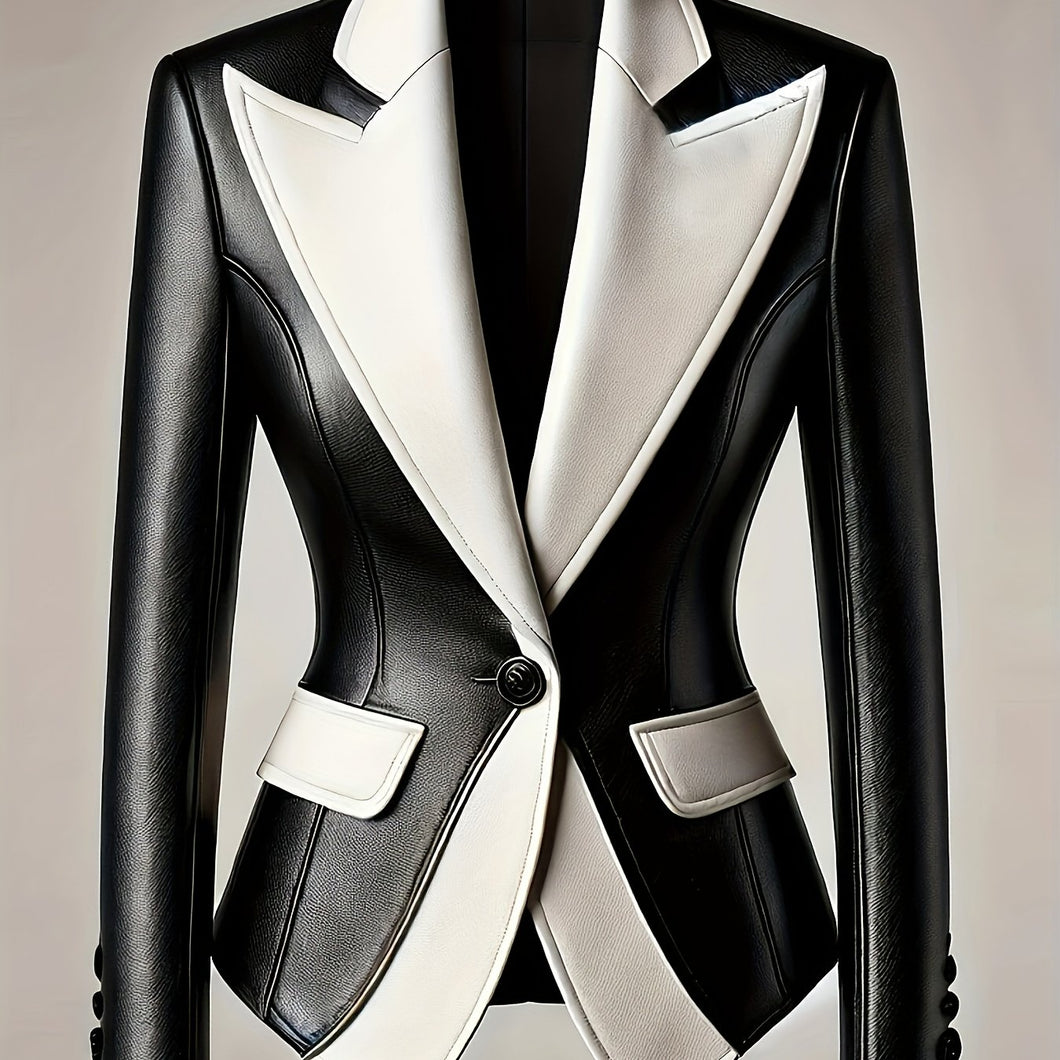 Formal Contrast Color Peaked Lapel -Style Polyester Blazer - Elegant Black & White Two-Tone Design, Machine Washable, Structured Fit for Year-Round Wear