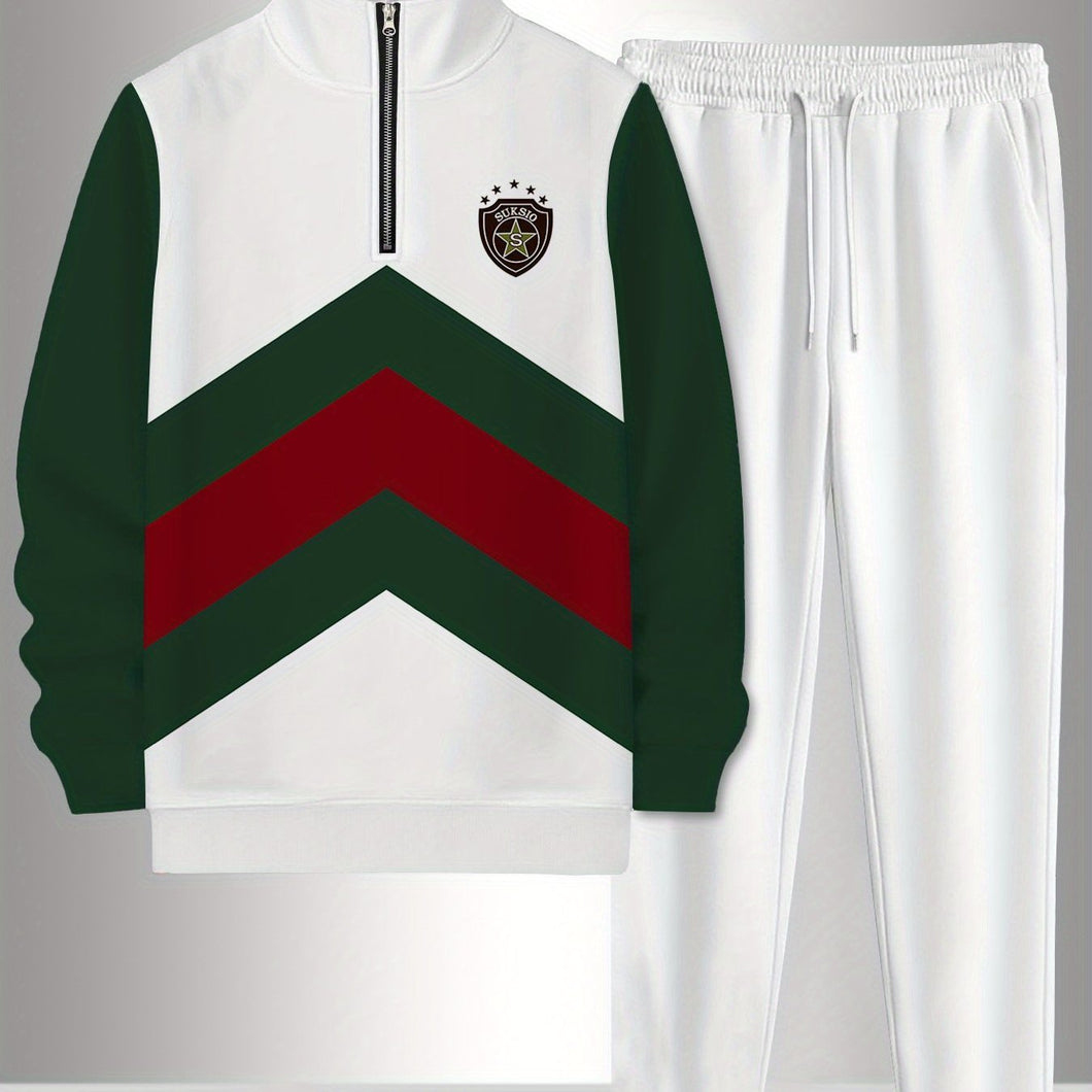 2pcs Set Men's Sportswear Set Contrast Stitching Design - Stand-up Collar Half-zipper Sports Top & Drawstring Sweatpants, Loose Fit, Fleece Fabric Suitable For Autumn And Winter Fashion And Warm Men's Holiday Gifts