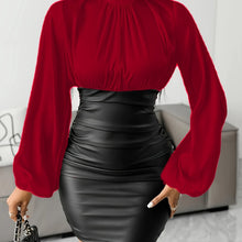 Load image into Gallery viewer, Elegant Women&#39;S Patchwork Mini Dress with Pleated Detail, Long Sleeve, Stand Collar, and Side Zipper - Chic Two-Tone Business Casual Attire, All-Season Wear
