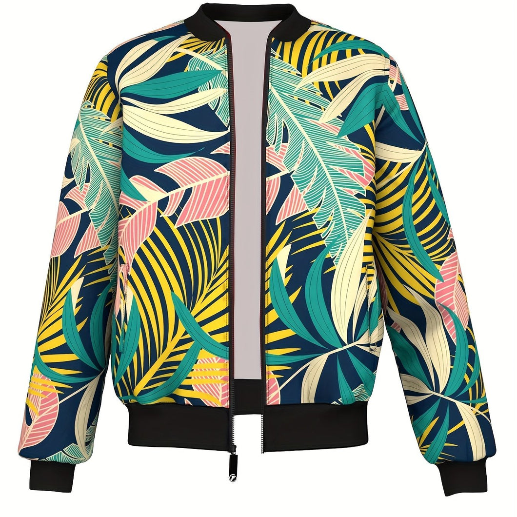 Men's Lightweight Tropical Leaf Print Bomber Jacket - Machine Washable