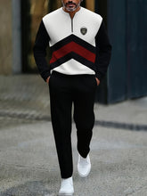 Load image into Gallery viewer, 2pcs Set Men&#39;s Sportswear Set Contrast Stitching Design - Stand-up Collar Half-zipper Sports Top &amp; Drawstring Sweatpants, Loose Fit, Fleece Fabric Suitable For Autumn And Winter Fashion And Warm Men&#39;s Holiday Gifts
