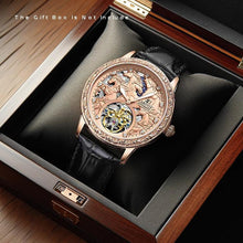 Load image into Gallery viewer, Men&#39;s  Mechanical Watch with Glowing Dial &amp; Rose Golden/Black Faux Leather Strap - Automatic Winding, Engraved Bezel, Luminous Hands, Vintage Luxury Watch for Men, Durable &amp; Precise Timepiece, Ideal Gift
