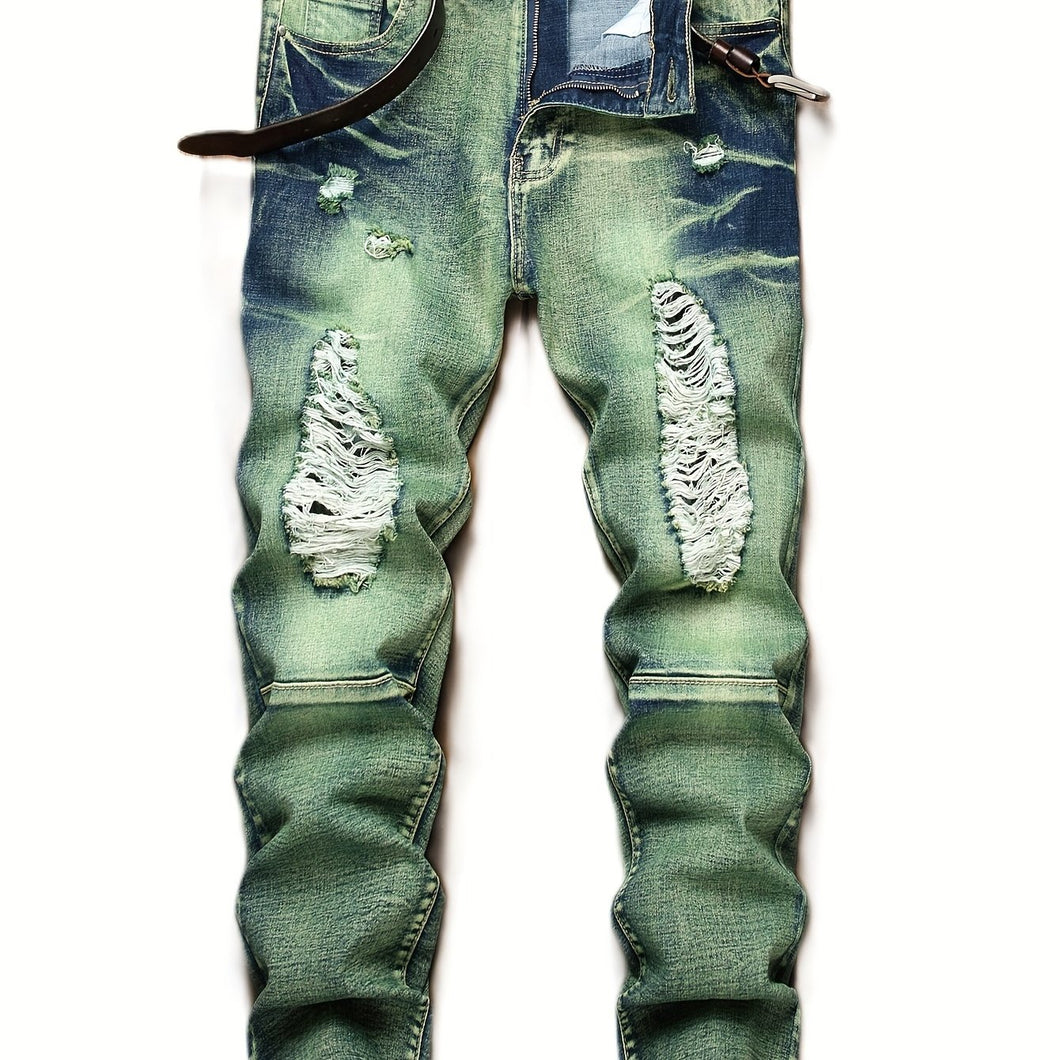 Men's Slim Fit Jeans Ripped Stretch Distressed Straight Leg Moto Biker Denim Pants