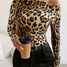 Load image into Gallery viewer, Elegant Leopard Print Asymmetrical Shoulder T-Shirt for Women - Long Sleeve, Stretchy Polyester Blend, Machine Washable
