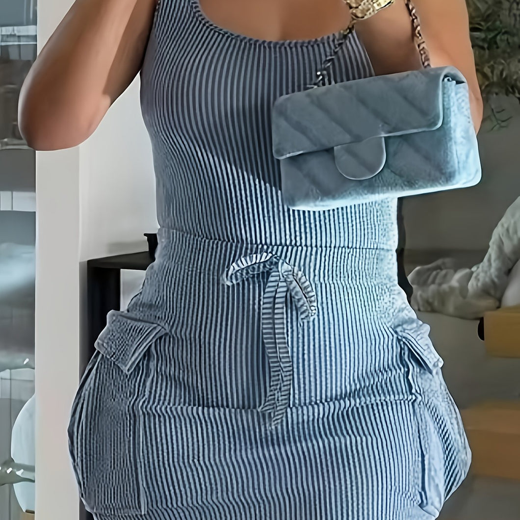 Women's Sexy Ribbed Knit Sleeveless Dress with Multi-Pockets and Tie Waist