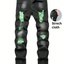 Load image into Gallery viewer, Men&#39;s Casual Straight Leg Ripped Jeans - Stretch Blend, Green Stitching, Distressed Denim, Machine Washable, All-Season Wear, Casual Wear Jeans | Rugged Style Pants | Green Accents
