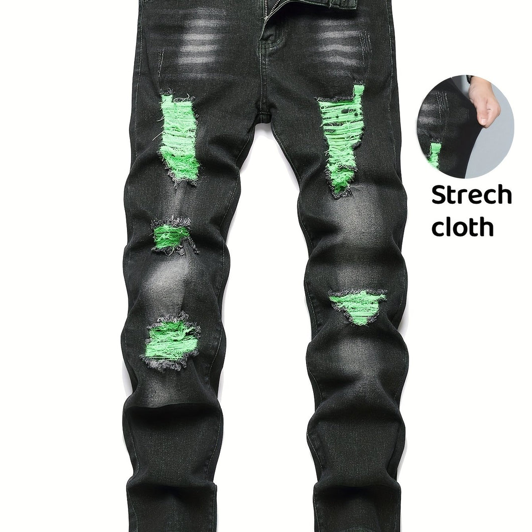 Men's Casual Straight Leg Ripped Jeans - Stretch Blend, Green Stitching, Distressed Denim, Machine Washable, All-Season Wear, Casual Wear Jeans | Rugged Style Pants | Green Accents