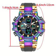 Load image into Gallery viewer, Men&#39;s Mechanical Sports Watch - Dual Display Dial with Stopwatch, Alarm, Date/Calendar, Auto Winding Movement - Green to Red Gradient Dial, Golden-Tone Case &amp; Silicone-like Strap - for Gym, Outdoor, Everyday - Ideal Gift for
