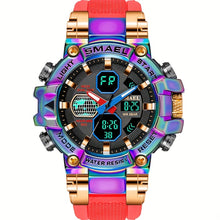 Load image into Gallery viewer, Men&#39;s Mechanical Sports Watch - Dual Display Dial with Stopwatch, Alarm, Date/Calendar, Auto Winding Movement - Green to Red Gradient Dial, Golden-Tone Case &amp; Silicone-like Strap - for Gym, Outdoor, Everyday - Ideal Gift for
