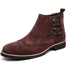 Load image into Gallery viewer, Men&#39;s High-Top Chelsea Boots with Brogue Detailing - Fashionable &amp; Business-Oriented, Solid Color Elastic Band Slip-On Shoes with Double Buckle, Round Toe PU-Lined Fabric Upper with Rubber Sole.
