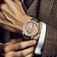 Load image into Gallery viewer, Men&#39;s  Mechanical Watch with Glowing Dial &amp; Rose Golden/Black Faux Leather Strap - Automatic Winding, Engraved Bezel, Luminous Hands, Vintage Luxury Watch for Men, Durable &amp; Precise Timepiece, Ideal Gift
