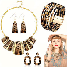 Load image into Gallery viewer, Boho Leopard Print Jewelry Set for Women - 4pcs Set with Bib Chain Necklace, Earrings, and Multi-Layer PU Leather Wrap Bracelet - Plastic Fashion Accessories
