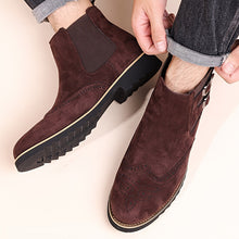 Load image into Gallery viewer, Men&#39;s High-Top Chelsea Boots with Brogue Detailing - Fashionable &amp; Business-Oriented, Solid Color Elastic Band Slip-On Shoes with Double Buckle, Round Toe PU-Lined Fabric Upper with Rubber Sole.
