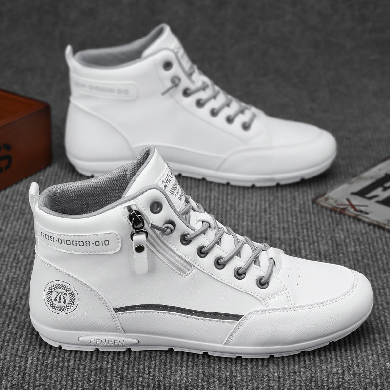 Men's Mid-Top Sneakers - Breathable -like Upper & Rubber Sole, White/Black Lace-Up Ankle Support Shoes with Arch Support, Cushioned Insole for Hiking, Running, Gym, Outdoor Activities - All-Season Casual Streetwear Sneakers,