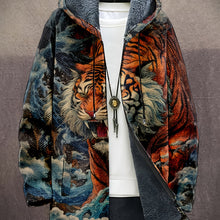 Load image into Gallery viewer, Men&#39;s Winter Hooded Coat - Full-Zip Long Jacket with Tiger Graphic, Warm &amp; Breathable Cold Weather Outerwear.
