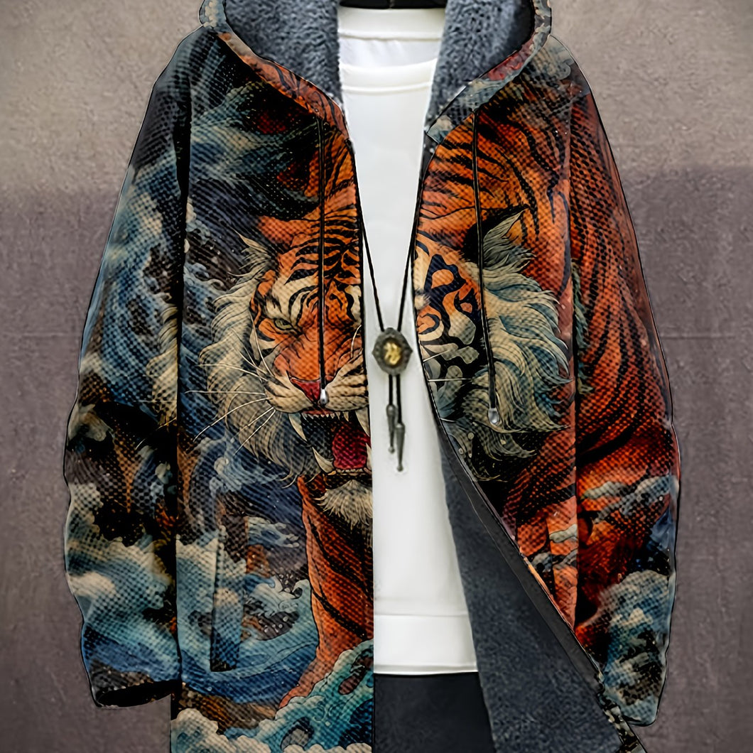Men's Winter Hooded Coat - Full-Zip Long Jacket with Tiger Graphic, Warm & Breathable Cold Weather Outerwear.