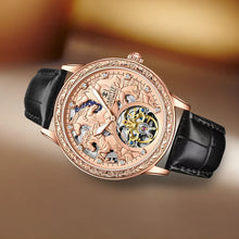 Load image into Gallery viewer, Men&#39;s  Mechanical Watch with Glowing Dial &amp; Rose Golden/Black Faux Leather Strap - Automatic Winding, Engraved Bezel, Luminous Hands, Vintage Luxury Watch for Men, Durable &amp; Precise Timepiece, Ideal Gift
