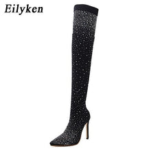 Load image into Gallery viewer, Foxy Fashions Diamond Girlz Collection Pointed Toe Bling Over Knee Boots Crystal Long Sock Women Boots High Heel club Sock Boots
