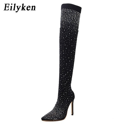 Foxy Fashions Diamond Girlz Collection Pointed Toe Bling Over Knee Boots Crystal Long Sock Women Boots High Heel club Sock Boots