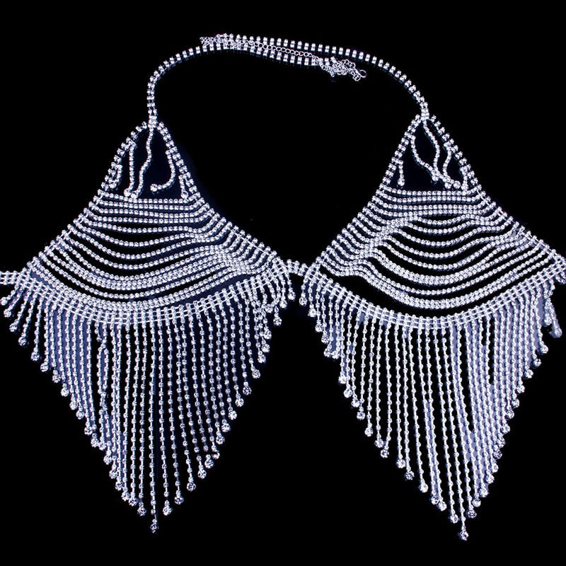 Foxy Fashions Diamond Girlz Collection Tassel Rhinestone Body Chain Bra and Thong for Women Bling Sexy Bikini Set Crystal Cover Up Harness Jewelry Nightclub