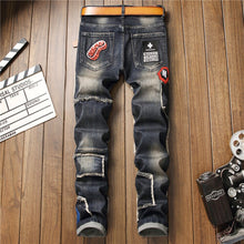 Load image into Gallery viewer, New European American Trend Men&#39;s Jeans Torn Sticking Cloth Stretch Small Straight Leg Fashion Pants
