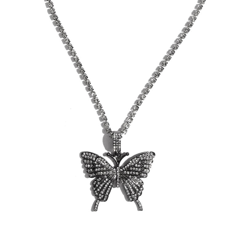 Foxy Fashions Diamond Girlz Collection Statement Big Butterfly Pendant Necklace Rhinestone Chain for Women Bling Tennis Chain Crystal Choker Necklace Party Jewelry