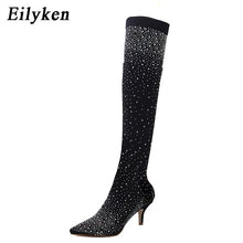 Load image into Gallery viewer, Foxy Fashions Diamond Girlz Collection Pointed Toe Bling Over Knee Boots Crystal Long Sock Women Boots High Heel club Sock Boots
