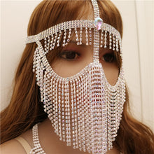 Load image into Gallery viewer, Foxy Fashions Diamond Girlz Collection Luxury Rhinestone Tassel Cover Face Eye Mask Belly Dance Jewelry for Women Sexy Bling Crystal Masquerade Mask Face Accessories
