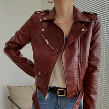 Load image into Gallery viewer, Fashion Women&#39;s Leather Jacket Female PU Leather Jacket Motorcycle Coat Slim Faux Leather Jacket Black Red Coat
