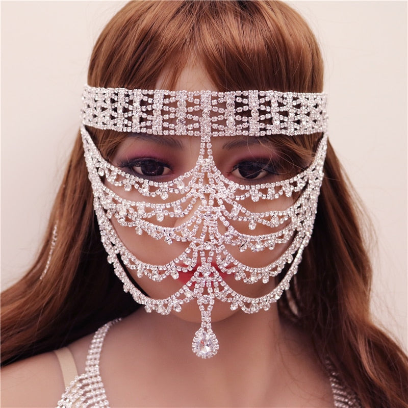 Foxy Fashions Diamond Girlz Collection Luxury Rhinestone Tassel Cover Face Eye Mask Belly Dance Jewelry for Women Sexy Bling Crystal Masquerade Mask Face Accessories