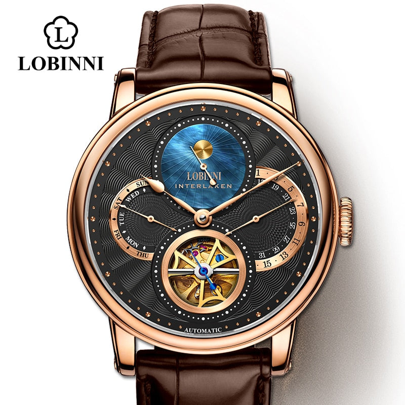 LOBINNI Men Automatic Gold Mechanical Wristwatch Fashion sporty strap chronograph Sapphire Skeleton Brand