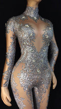 Load image into Gallery viewer, Foxy Fashions Diamond Girlz Collection Gray Pattern Jumpsuit Bright Big Rhinestones Stretch Leggings Nightclub Singer Dancer Show Wear Women&#39;s Prom Party Sexy Bodysuit
