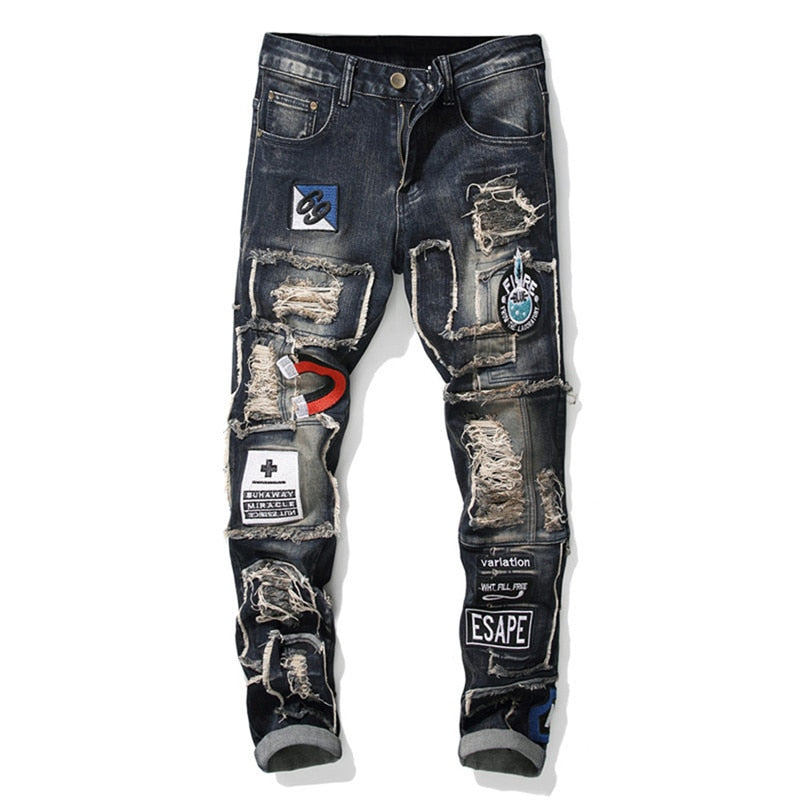 New European American Trend Men's Jeans Torn Sticking Cloth Stretch Small Straight Leg Fashion Pants