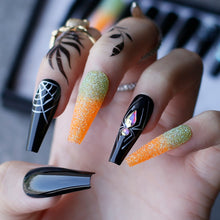 Load image into Gallery viewer, Luxury Black Coffin Spider with Crystal Handmade Painting False Nails Orange Glitter Ombre Press On Nails Gothic
