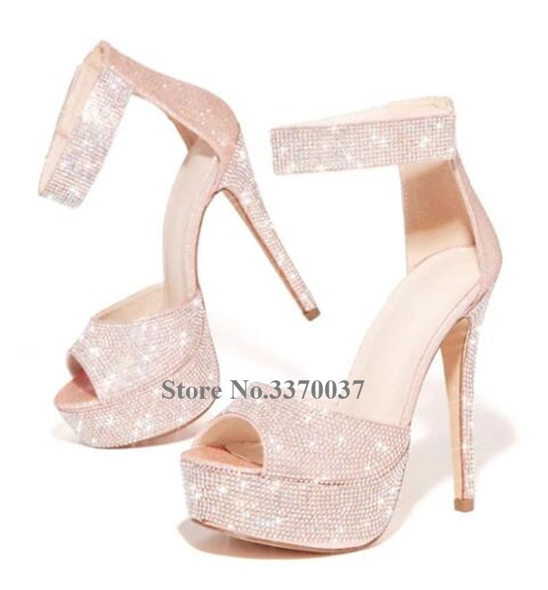 Foxy Fashions Diamond Girlz Collection Luxurious Rhinestone Peep Toe Platform Stiletto Heel Pumps Ankle Strap Crystal High Heels Big Size Wedding Shoes