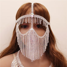 Load image into Gallery viewer, Foxy Fashions Diamond Girlz Collection Luxury Rhinestone Tassel Cover Face Eye Mask Belly Dance Jewelry for Women Sexy Bling Crystal Masquerade Mask Face Accessories
