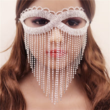 Load image into Gallery viewer, Foxy Fashions Diamond Girlz Collection Luxury Rhinestone Tassel Cover Face Eye Mask Belly Dance Jewelry for Women Sexy Bling Crystal Masquerade Mask Face Accessories
