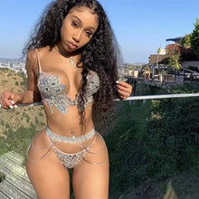 Load image into Gallery viewer, Foxy Fashions Diamond Girlz Collection Silver Diamond Bikini 2-Piece Set Model Catwalk Club Bar Party Show Costume DJ Singer Dancer Bra Shorts Pole Dancing Stage Wear
