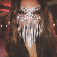 Load image into Gallery viewer, Foxy Fashions Diamond Girlz Collection Luxury Rhinestone Tassel Cover Face Eye Mask Belly Dance Jewelry for Women Sexy Bling Crystal Masquerade Mask Face Accessories
